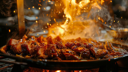 An illustration of the iconic Peking roast duck, golden and shiny, with crispy skin that cracks when touched. Juicy slices served with thin pancakes, spices and the rich essence of grilled meat. 