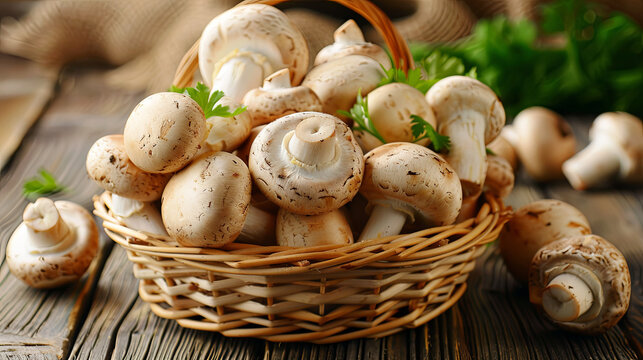 Fresh champignons in a basket on a wooden rustic background