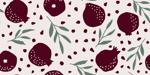 Vector seamless pattern with pomegranate fruits and seeds. Modern floral print. Seamless pattern. Hand drawn style. - 775793828