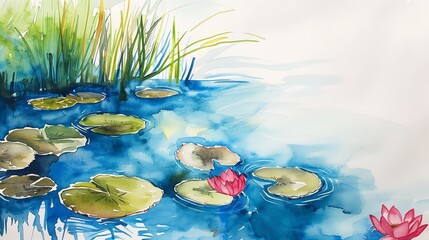 Fototapeta na wymiar A painting of a pond with lily pads and a pink flower