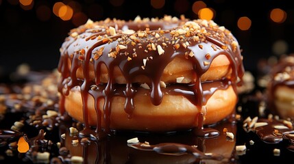 Closeup sweet donuts filled with melted chocolate and sprinkles with a blurred background