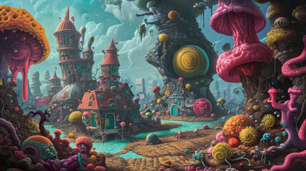 Fototapeta premium Cityscape in the style of Lowbrow surrelism