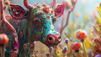 Surrealist painting depicting a cow in a whimsical and unconventional style