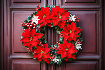 Festive Red Poinsettia Wreath Decorating a Brown Front Door During the Holiday Season