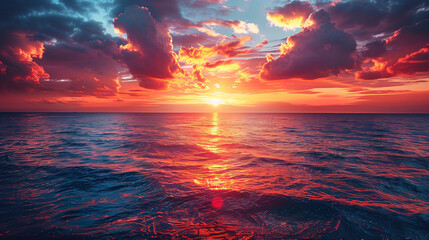 Vibrant ocean sunset with dramatic clouds and reflections on water. - obrazy, fototapety, plakaty