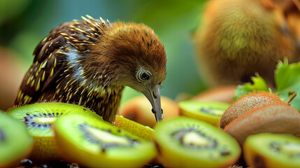A tiny kiwi bird in its natural habitat, with a kiwi lying next to it