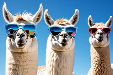 Fototapeta premium Pink lama in sunglasses, cartoon flat isolated on white background.