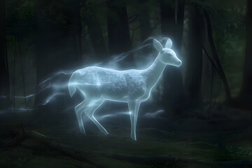 The spirit of the deer is wandering in the forest where night has come. Generative AI
