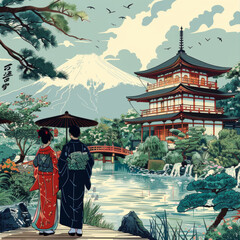 Craft a traditional Japanese Ukiyo-E woodblock print that captures the beauty of nature or the everyday life of the Edo period.