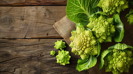 Fresh romanesco cabbage on burlap and wooden background, top view - obrazy, fototapety, plakaty