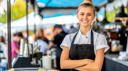 portrait of a young smiling waitress at a beach bar standing behind the bar counter - leisure and catering concept