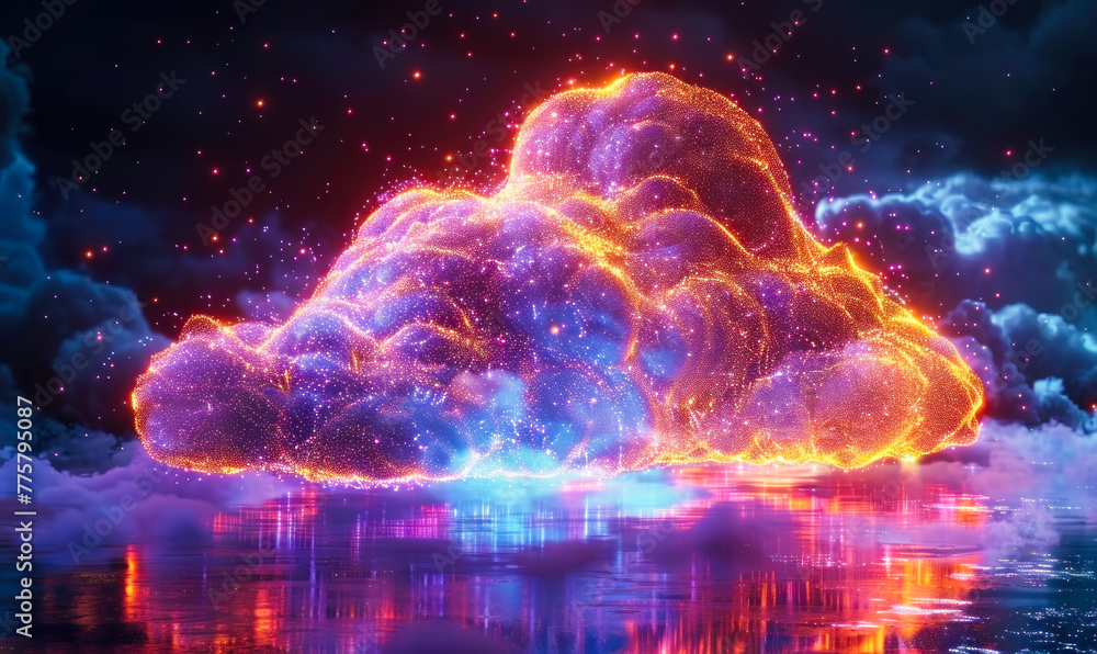 Poster futuristic cloud computing and data transfer concept with glowing connections in a digital cyberspac