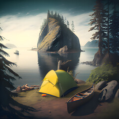 In the middle of the lake, there is a tree on a big rock and camping in front of it with a yellow tent. Generative AI