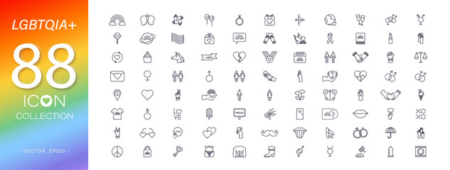 Gay pride month icon collection set of 88, celebrate diversity with LGBTQ symbols, simple outline vector design