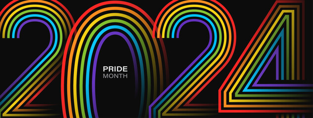 Pride month 2024 banner background with rainbow color number typography design, lgbt gay concept, vector design - obrazy, fototapety, plakaty