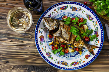 Fried dorado on a beautiful Turkish ceramic plate, next to a plate with herbs and vegetables and a glass of white wine on the table, flat lay idea for menu