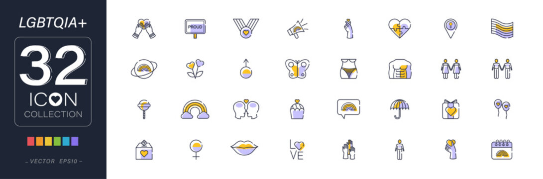 Lgbt gay pride month icon collection set of 32, celebrate diversity with LGBTQ symbols, simple outline vector design