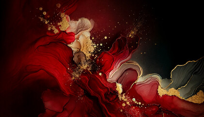 Abstract fluid flowing art by alcohol ink deep red and black with gold dark tone in concept luxury.