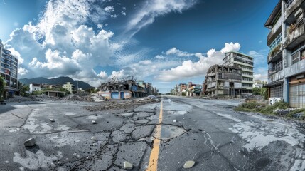 Panoramic view of urban destruction after a disaster. Dramatic cloudscape over demolished cityscape - obrazy, fototapety, plakaty