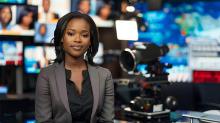 Confident Television News Anchor in Studio, A poised and confident female news anchor is pictured in a bustling broadcast studio, preparing for a segment with professionalism and focus. - obrazy, fototapety, plakaty