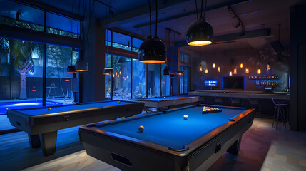 The bar has calm lights and billiard tables. Generative AI