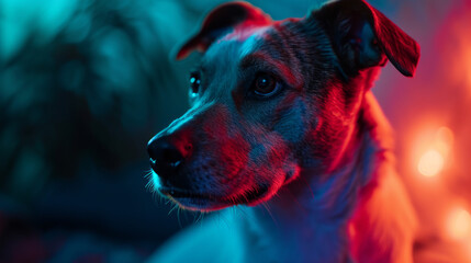 Distorted, elongated dog image created using an anamorphic lens effect - obrazy, fototapety, plakaty