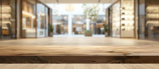 Wooden table top in front of a glass door