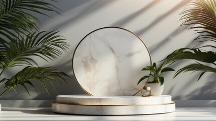 Product presentation background with marble podium and  palm leaves