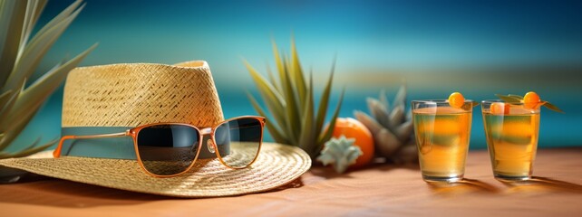 Summer vacation with sunglasses, beach hat and cocktail