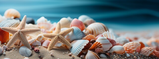 Sea shell and starfish on a background of pastel colors