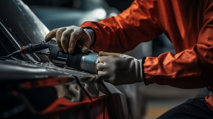 Close-up of a mechanic's hands repair a car