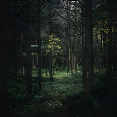 The sun is shining in the dark forest where the trees have grown high. Generative AI