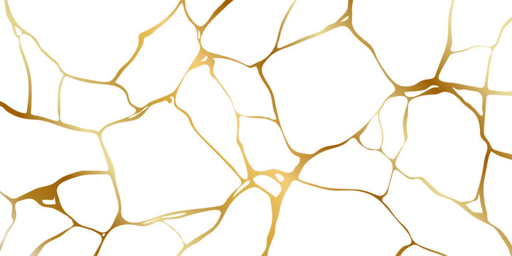 Gold kintsugi crack repair marble texture vector illustration isolated on white background. Broken foil marble pattern with golden dry cracks. Wedding card, cover or pattern Japanese motif background.