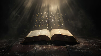 Opened book with floating letters, dark clean background. Mystery education concept. Generative AI