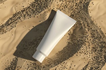 Top view of a white mockup of a cream tube on sand
