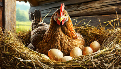 Closeup of a laying brown hen hatching eggs and looking at camera in a straw nest inside a wooden chicken coop. Generative Ai.
