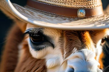 Poster Cute cartoon llama cowboy. art illustration of an animal in wild west. © olenakucher