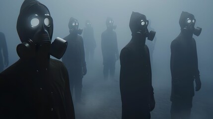 Anonymous figures in gas masks symbolizing resistance against a totalitarian regime in a surveillance-controlled society Eerie fog surrounds them 3D render - obrazy, fototapety, plakaty