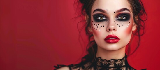 A woman in black makeup and red lipstick in a lace dress