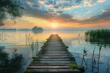 Wooden pier in middle of lake at sunset, rural scene, reflection, vacation, non-urban scene, coastline