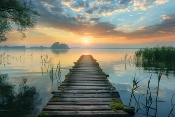 Poster Wooden pier in middle of lake at sunset, rural scene, reflection, vacation, non-urban scene, coastline © antkevyv