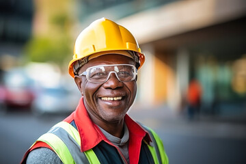 An elderly dark-skinned man wearing a hard hat and safety glasses on a construction site