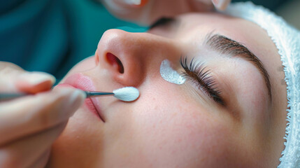 A woman is having her eyebrows groomed and shaped using a brush in a beauty salon with eyelash extensions in the background