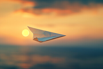 Paper airplane flying in sunset, travel, aircraft wing, paper airplane, freedom
