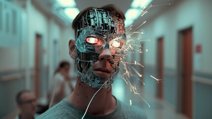 Cyborg with shattered glass face sparking wires - obrazy, fototapety, plakaty