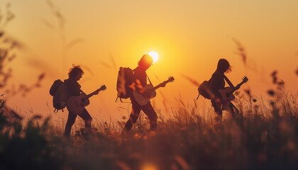 Three acoustic guitar players trio rock band hippie musicians walking with backpacks as wanderers during sunset golden hours time by high grass mountain hill. Mental freedom, live music concept.
