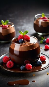 Creamy chocolate pudding adorned with fresh berries, exuding richness and the essence of a decadent dessert