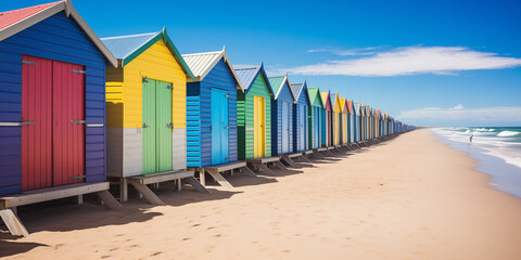 A row of colorful beach huts along the shoreline, with tourists enjoying the sunny weather. 