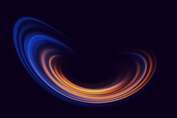 Neon glowing swirl. High speed light trail effect. Futuristic dynamic motion technology.