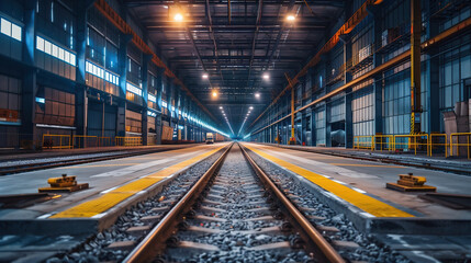 Obraz premium Train tracks cut through an expansive warehouse, highlighting the scale and modern infrastructure